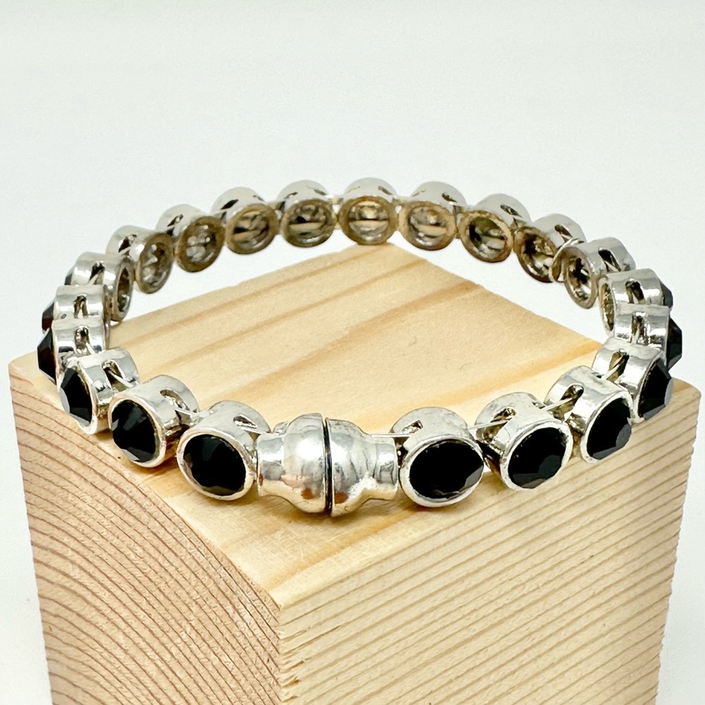 Black Rhinestone Stackable Silver Tone Magnetic Bangle Bracelet - Picture 3 of 3